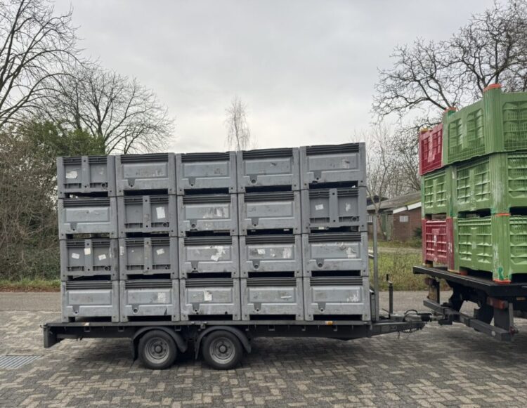 Grijze kunststof palletbox - laag model - 120x80x58cm - diepte 43cm - waar nodig gerepareerd - meerdere op voorraad - altijd een wisselende voorraad kunststof palletboxen beschikbaar - ook verkrijgbaar nieuwe kunststof palletboxen, vraag uw offerte aan